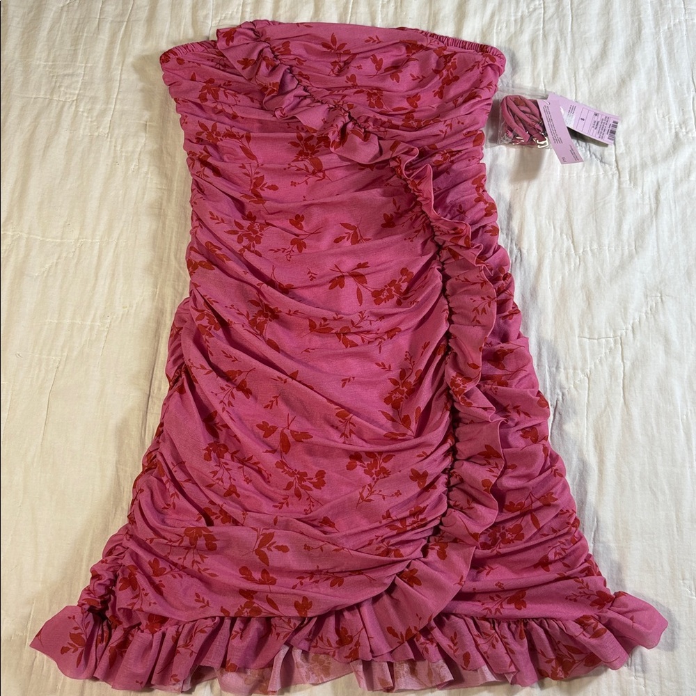 Barbiecore Pink Floral Ruched‎ Ruffle Mini Bodycon Dress - Size Small